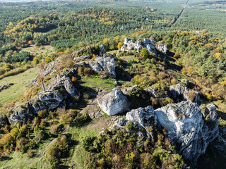 Aerial drone view of Zborow Hill, Poland. Limestone rock formation at peak of Gora Zborow,...