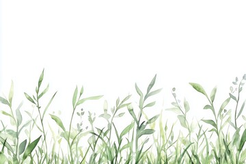 Pale green grass seamless border. Hand drawn watercolor illustration isolate on white background. Lush green meadow, park, farm, garden element. Natural plants floral illustration. Horizontal banner 