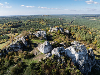 Aerial drone view of Zborow Hill, Poland. Limestone rock formation at peak of Gora Zborow,...