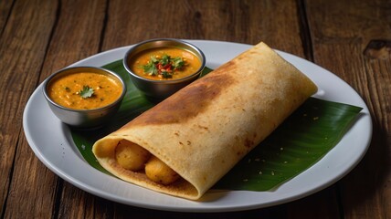Indian dosa with two dipping sauces on a wooden table