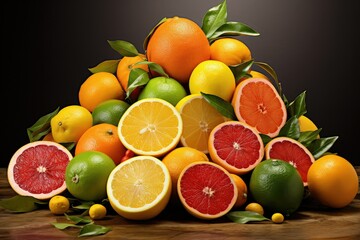 A colorful assortment of citrus fruits including oranges lemons limes and grapefruits piled together showcasing their vibrant colors and fresh leaves