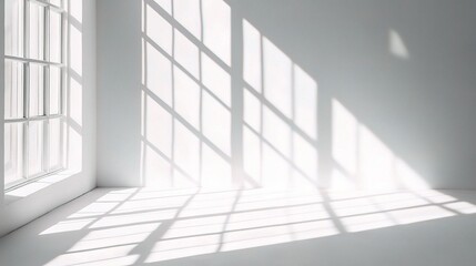 Fototapeta premium Sunlit Room Corner: Serene minimalist interior design, featuring a bright corner bathed in sunlight streaming through a large window. The image evokes feelings of tranquility and spaciousness. 