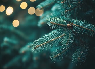 Close-up of green pine tree branches with a bokeh background. evergreen fir trees in a forest, a natural texture for wallpaper or decoration design. Christmas card concept. Background for a Christmas 