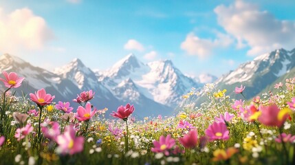 Fototapeta premium Alpine Spring Meadow: Vibrant wildflowers in a breathtaking alpine meadow, with majestic snow-capped mountains forming a stunning backdrop. A picturesque scene of nature's beauty and serenity. 
