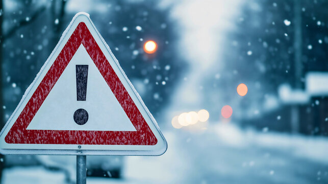 Road sign warns of snow hazard, winter safety alert for ice ahead, weather warning signals dangerous and slippery conditions, copy space for traffic advisory