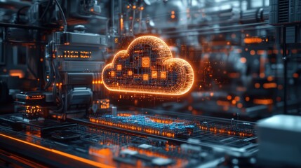 A 3D rendering of industrial cloud technology, featuring interconnected devices and data streams illustrated in a sleek, modern style