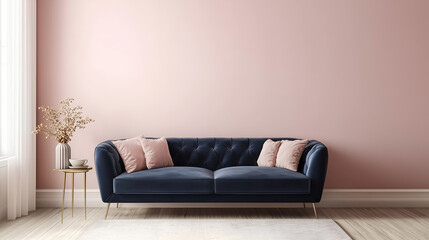 Living Room Interior with Blush Pink Walls and Navy Blue Sofa, Stylish Contrast of Colors and Modern Furniture for Elegant and Cozy Home Decor