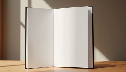 Book cover mockup with blank pages in sunlight on wooden table