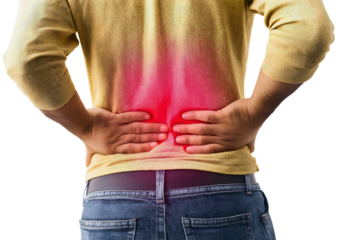 Lower back pain grips man, isolated figure shows signs of injury, spine discomfort evident, sore muscles cause suffering, ache impacts overall health