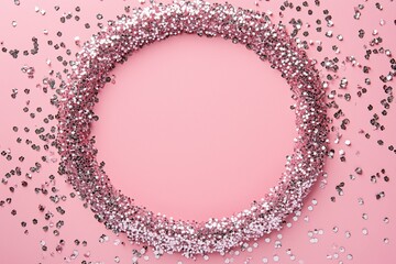 Round frame made of silver colored confetti on a rose pastel background.