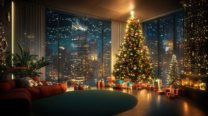 Obraz premium A cozy living room decorated for Christmas, featuring a beautifully lit tree, colorful presents, and a stunning city view at night.
