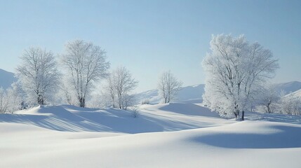 Winter Wonderland: A serene and tranquil landscape blanketed in pristine white snow, with frost-covered trees casting long shadows across the rolling hills.  
