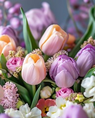 Fototapeta premium Soft Pastel Tulips and Spring Flowers in Delicate Floral Arrangement, Light Pink, Peach, and Lavender Blooms for Easter and Spring Celebrations, Elegant Seasonal Bouquet
