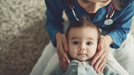 Top view of pediatrician doctor massaging a baby face