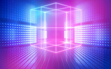 Naklejka premium 3d render, abstract neon geometric background, glowing holographic linear cube projection inside virtual space, futuristic wallpaper, cybernetic technology