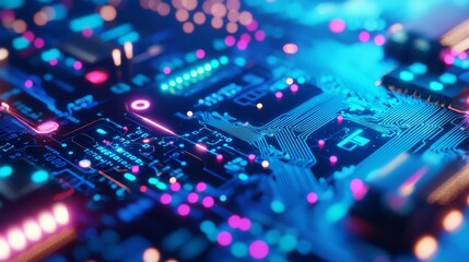 Fototapeta premium Technology circuit board background with glowing electronic components - futuristic digital concept for innovation and connectivity