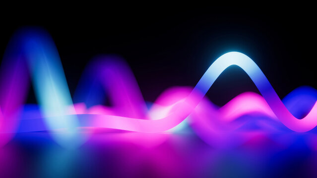 3d rendering of a unfocussed ultraviolet neon curvy lines, glowing in the dark, blurry floor reflection. Depth of field effect. Abstract wallpaper