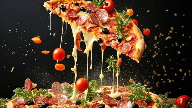 Witness the mesmerizing stretch of gooey cheese as freshly baked pizza showcases a beautiful array of toppings, celebrating culinary creativity at its finest