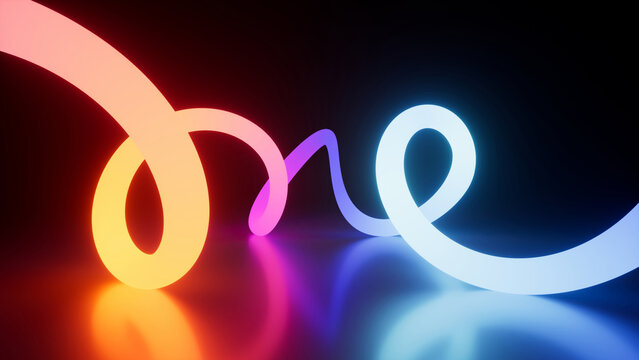 3d rendering of a multicolored neon curved line with loops, glowing in the dark and reflected in a mirrored floor. Abstract synthwave background. Rainbow colors.