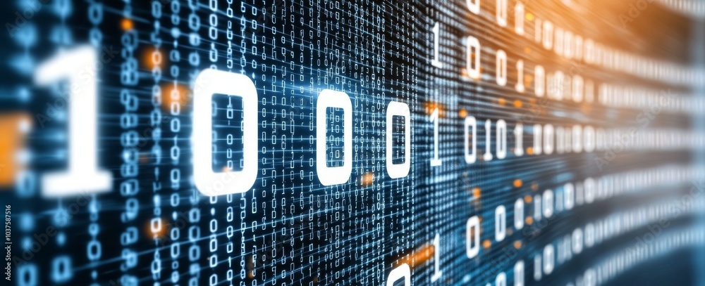 Poster the concept of information technology is represented as a high-tech image of binary code flowing in 