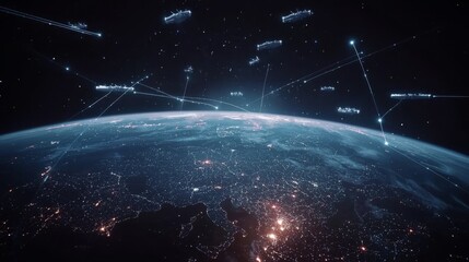 Display of modern military assets, including real fighter planes, ships, satellites, and naval vessels linked by communication or data lines.