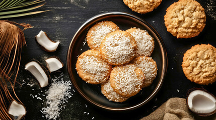 Coconut studded cookie and biscuit, dessert fresh from being baked, top view shows round shape, breakfast stack perfect for holiday treats