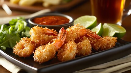 A plate of crispy coconut shrimp served with sweet chili dipping sauce and lime wedges, Coconut shrimp centered, Golden brown coating adding texture and flavor