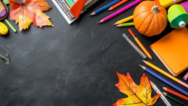 With colorful notebooks, pencils and educational tools, a colorful assortment of school supplies is neatly organized against a dark background