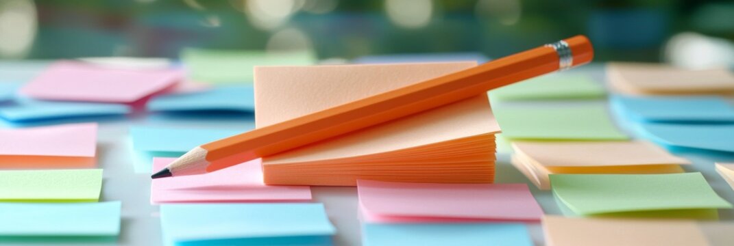 A student rests his pencil on the top of a colorful collection of flashcards