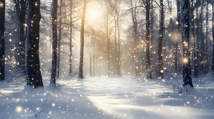 Fototapeta premium A snow-covered forest path with golden light filtering through the trees