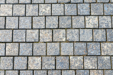Stone block pavement in the rays of the setting sun. Texture
