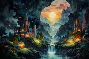 Obraz premium Magical painted castle scene.