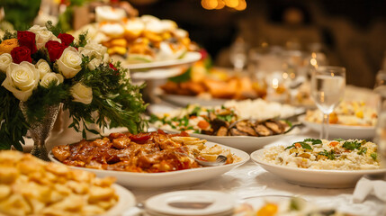 Banquet adorns elegant table, wedding event creates party atmosphere, luxury fills restaurant space, food awaits dinner guests, setting perfected