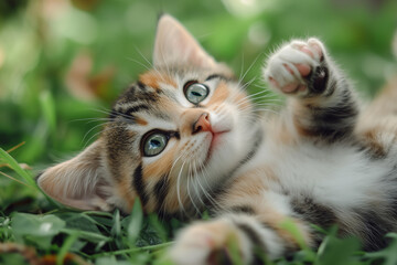 Cute little playful kitten cat playing having fun on ground, funny pet animal background.