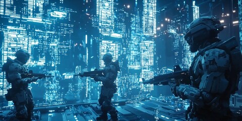 Elite Soldiers Training in Futuristic Battle Arena with Advanced Weapons, Towering Structures, and Holographic Displays under Ultra-Detailed, Cinematic Light
