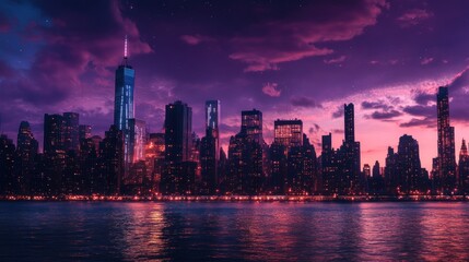 Fototapeta premium Magnificent Cityscape at Dusk with Illuminated Skyline Reflecting on Serene Water Surface