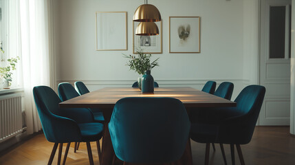 Dining Room Interior with Dark Teal Chairs and Walnut Table, Modern Design with Elegant Furniture and Home Decor