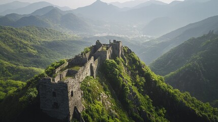 Fototapeta premium Majestic Mountain Citadel with Foreboding Atmosphere and Cannons Ready for Battle, Enhanced with Ultra-Detailed Cinematic Light