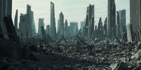 Fototapeta premium Aftermath of Destruction: Surreal Panoramic View of Devastated Metropolis with Cinematic Light Shining on Ruined Skyscrapers and Scattered Remnants of Civilization