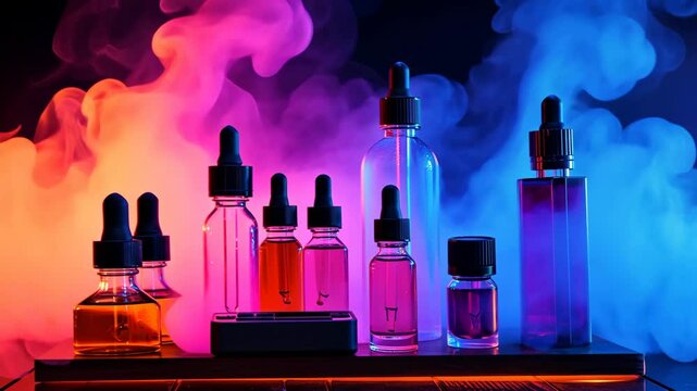 Explore a mesmerizing arrangement of vibrant vaping elixirs glowing in neon hues, surrounded by an ethereal mist that transforms the atmosphere into a captivating experience