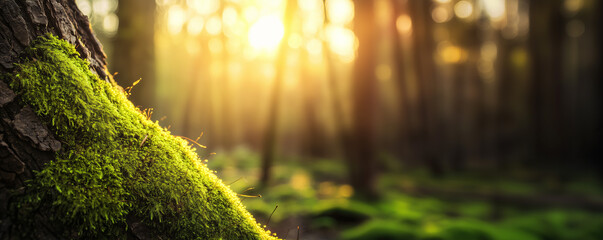 Close up detail growing moss and plants in forest, green energy, environment and ecology concept background.