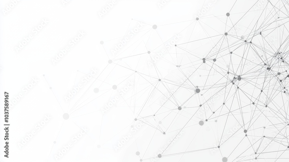 Poster in a white background, a wave of particles is surrounded by dots and lines connected by a dark backd
