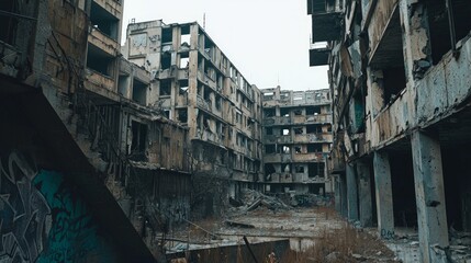 Fototapeta premium Urban Decay: Post-War Cityscape of Despair with Graffiti-covered Walls under Cinematic Light