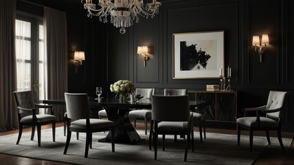 a modern and luxurious dining room with a dark and dramatic color palette. The walls are painted a deep black, creating a sophisticated atmosphere.