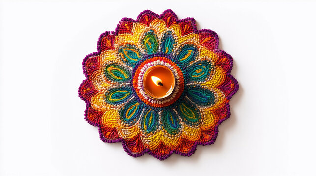 Top view of colroful rangoli with dya isolated on white background 
