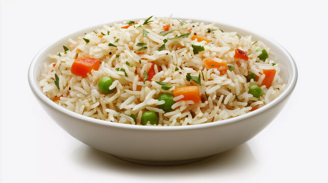 Vegetable pulao bowl isolated on white background