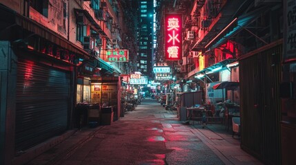 Urban Noir: Darkened Alleyway with Flickering Neon Signs and City Bustle under Ultra-Detailed, Cinematic Light