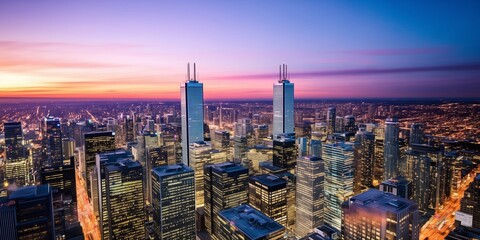 Obraz premium Modern Cityscape at Dusk with Twin Skyscrapers. Generative ai