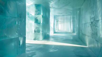 Stunning Ice Hotel Hallway with Translucent Ice Walls. Concept of Arctic Adventure, Winter Wonderland, Unique Accommodation