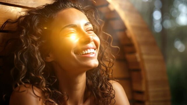 Embrace the warmth and relaxation of a peaceful sauna escape where a person shares effortless joy surrounded by natural beauty and calming steam